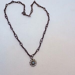 Vintage Retro Rhinestone Flower Pendant Necklace Barb Wire Look Chain Punk 18”